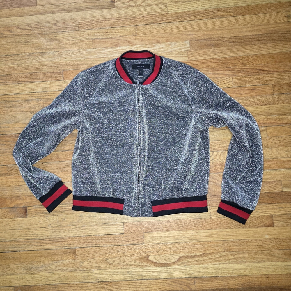 Forever 21 Silver Sparkle Glitter Bomber Jacket with Red and Black Accents